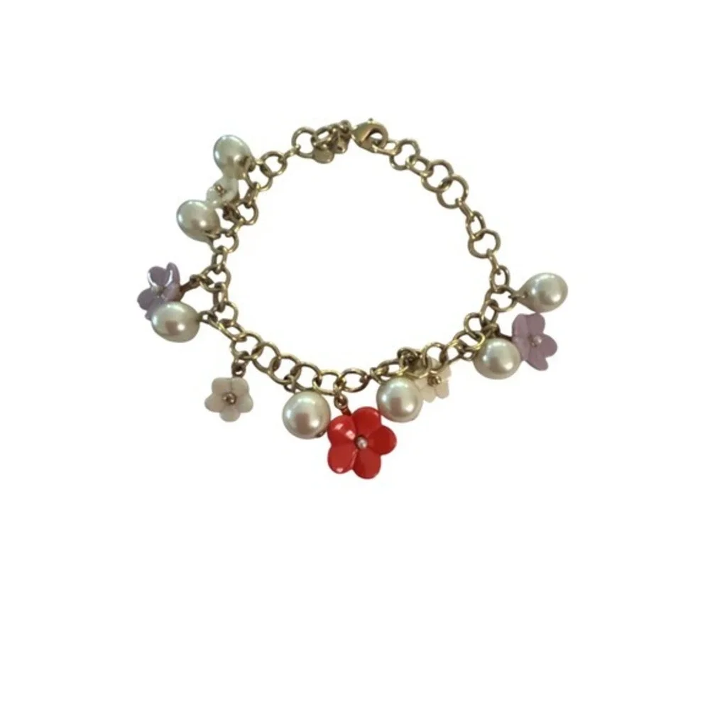 Gold Tone Floral Pearl Charm Bracelet Red Purple White Flower Link Chain Jewelry